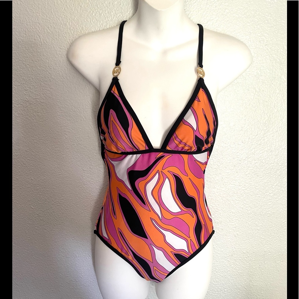 MICHAEL MICHAEL KOR orange pink abstract waves one piece swimsuit bathing Suit-6